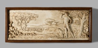null RAYMOND DELAMARRE (1890-1986) Berger et son troupeau Plâtre en bas-relief Signé...
