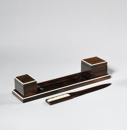 null STYLE ART DECO Inkwell, stamp box and pen stand in Macassar ebony with bone...