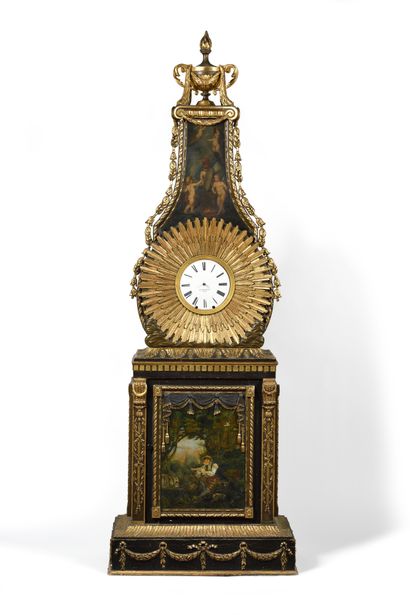 A painted wood floor clock opening with a...