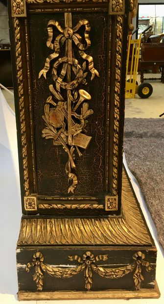 null A painted wood floor clock opening with a flap painted on wood of a country...