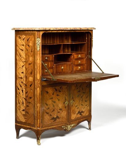 null SECRETARY with curved sides, made of veneer and marquetry with floral decoration,...
