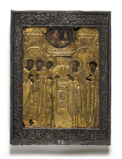 null LOT: 

"The Virgin of Kazan". Tempera on wood, oklad in vermeil. Russia, 19th...
