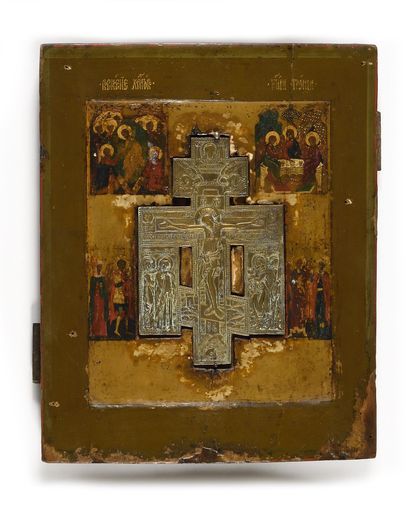 null LOT : Icon " Crucifixion ". Tempera on wood, 

brass cross. Russia, 19th century....