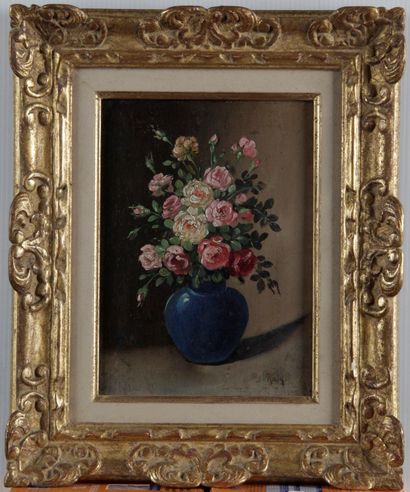 null J.RATY Ecole française du XXe siècle « le vase de fleur » Huile sur panneau...
