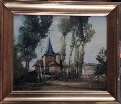 null Jean JOVENEAU (1888-?) « Eglise à l’orée du bois » Huile sur panneau, signée...