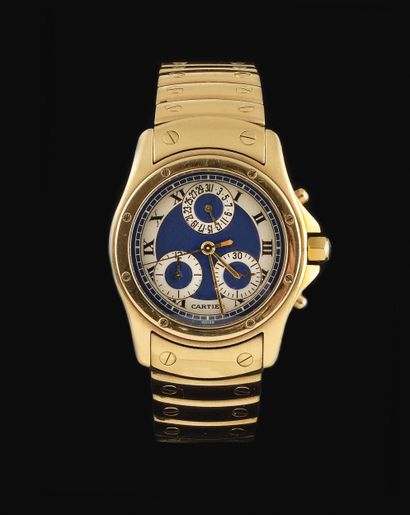  CARTIER Cougar Chronograph About 1990. Ref: C13XX. 750/1000 yellow gold chronograph,...