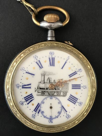 null RAILROAD REGULATOR

Enamelled dial with Roman numerals decorated with a locomotive

With...