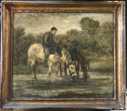 null Marcel JACQUE (1906-1981) 

Cavalier et deux chevaux s'abreuvant

Huile sur...