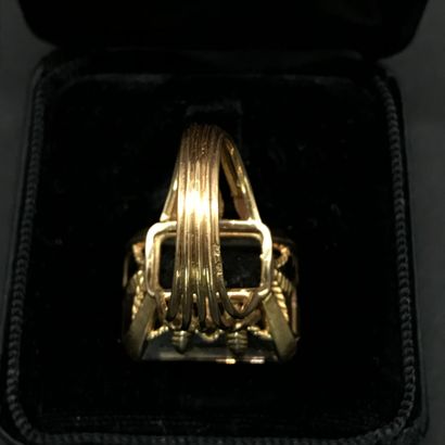 null RING 

yellow gold ring set with an emerald-cut burnt topaz and fine leaf motifs....