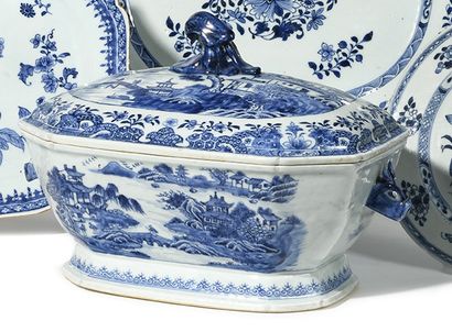 null CHINA Porcelain covered tureen of rectangular shape with cut sides decorated...