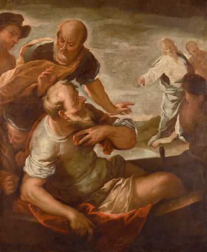 null ECOLE ITALIENNE VERS 1700, SUIVEUR DE LUCA GIORDANO Jésus marchant sur les eaux...