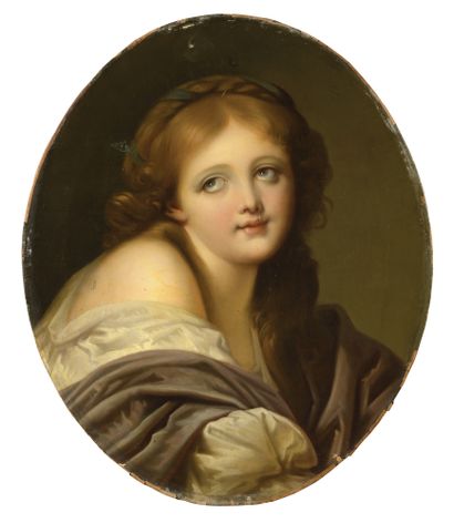 null ECOLE FRANÇAISE VERS 1840 DANS LE GOUT DE GREUZE Jeune femme en buste Huile...