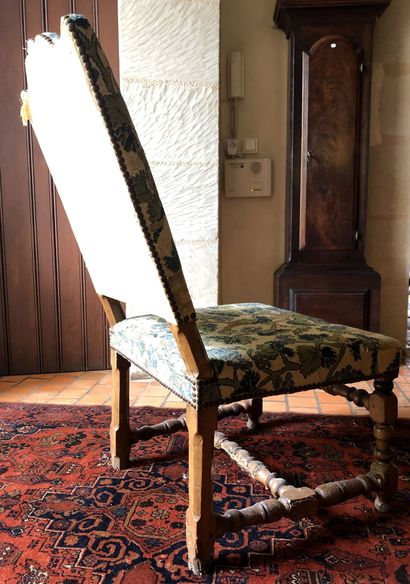 null CHAIR with a high flat back and twisted legs covered with a tapestry in small...
