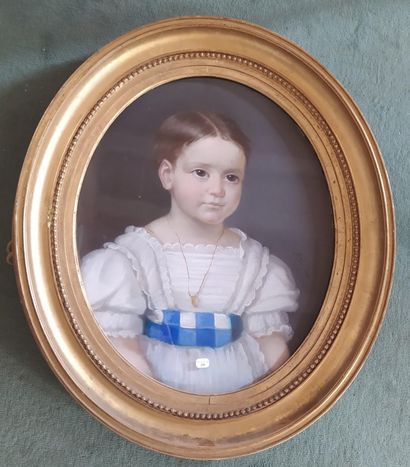 null Portrait of a young child in a white dress Oval pastel signed in the lower middle...