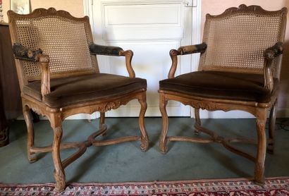 null Pair of armchairs in moulded wood and carved with flowers. 			 The armrests...