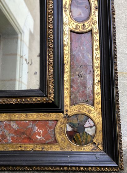 null Rectangular mirror in black lacquered wood, bronze, brass, marble and hard stones...