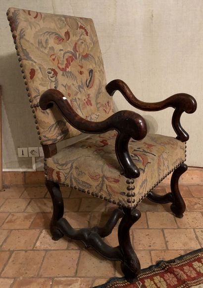 null High back walnut armchair, moulded and turned, with floral tapestry, partly...