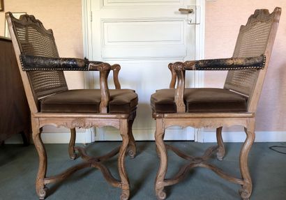 null Pair of armchairs in moulded wood and carved with flowers. 			 The armrests...