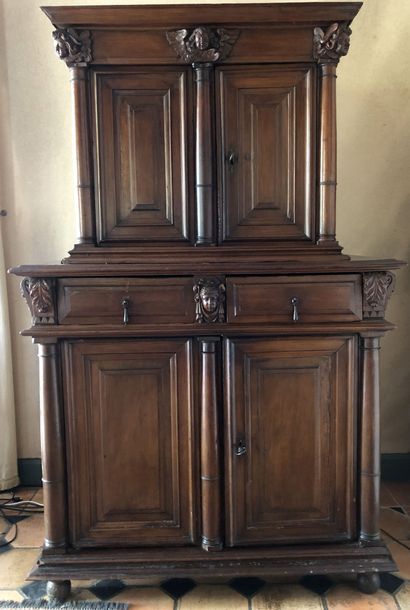 null TWO BODY KITCHEN in moulded and carved walnut opening with two doors in the...