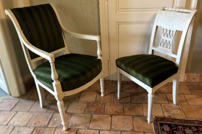 null Wooden armchair and chair with reversed back, Directoire period H. 85 cm W....