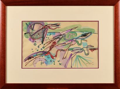 null ANDRE MARCHAND (1907-1997) Flight of pink flamingos Watercolour Signed lower...