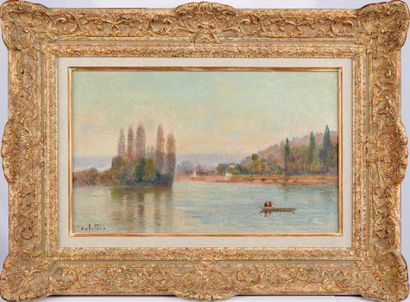 null JOSEPH DELATTRE (1858-1912) Promenade en barque sur la Seine Huile sur toile...