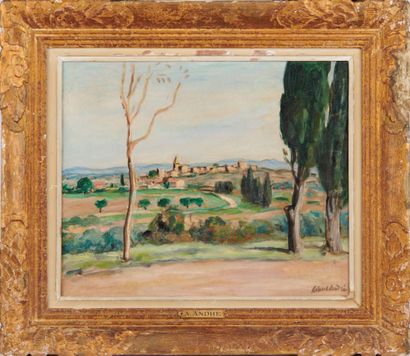 null ALBERT ANDRÉ (1869-1954) Vue du village de Rochefort-sur-Gard Huile sur toile...