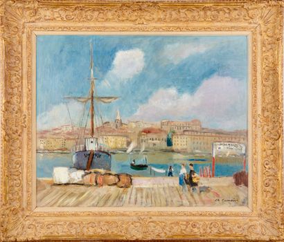 null CHARLES CAMOIN (1879-1965) L’embarcadère du Ferry Boat à Marseille, 1928 Huile...