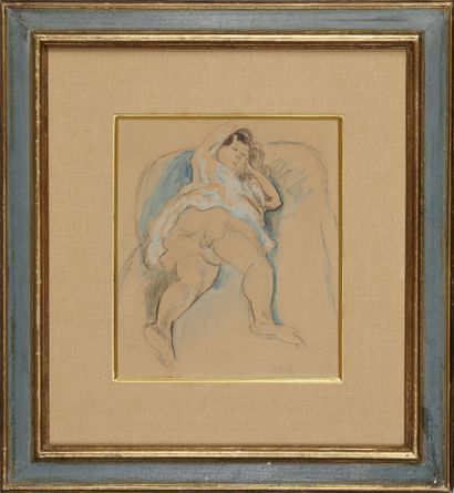 null JULES PASCIN (1885-1930) Femme allongée Gouache et dessin Signé en bas à droite...