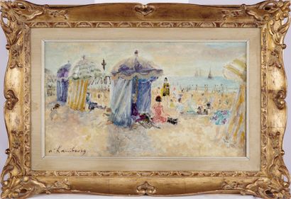 null ANDRÉ HAMBOURG (1909-1999) La plage au soleil Huile sur toile Signé en bas à...