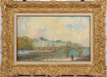 null ALBERT LEBOURG (1849-1928) La Seine à Paris Huile sur toile Signé à droite 38...