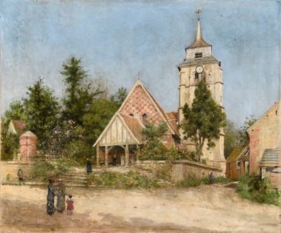 null Henri Camille DANGER (1857-1937) La place de l'église Oil on canvas, signed...