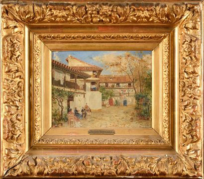null Ricardo BRUGADA Y PANIZO (1867-1919) Serenade in the courtyard Oil on panel,...