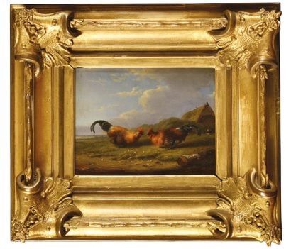 null François VANDEVERDONCK (1848-1875) Scènes de basse-cour Pair of oils on panel...