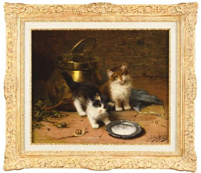 null Léon Charles HUBER (1858-1928) Kittens and snails Oil on canvas Signed lower...