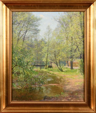 null Herman LINDQVIST (1868-1923) Le petit pont Oil on canvas Signed lower right,...
