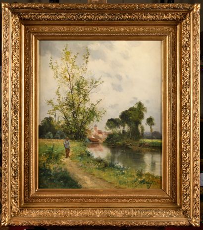 null Pierre Ernest BALLUE (1855-1928) Le loing à Montigny Oil on canvas Signed on...