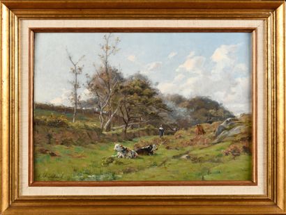 null Louis Marie Adrien JOURDEUIL (1849-1907) Farmer and cows in the pastures. Oil...