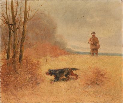 null Eugène PETIT (1839-1886) The hunter and his dog Oil on canvas Signed lower right...