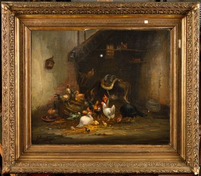 null Claude GUILLEMINET (1821-c.1866) L'étable Oil on canvas Signed lower left 54...