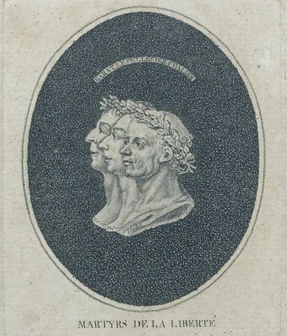 null "MARAT LE PELLETIER AND CHALIER - MARTYRS OF LIBERTY 

Engraving. 

12 x 9 cm....