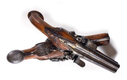 null PAIR OF DOUBLE FLINTLOCK PISTOLS. 

Round damascus barrels, table top, with...