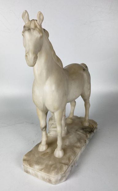 null GROUPE en marbre blanc et veiné représentant un cheval à l'arrêt Haut : 42 cm...