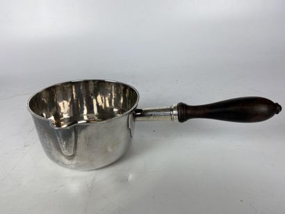 null A plain silver CASSEROLE with an ebony side handle. Minerva mark Gross weight...