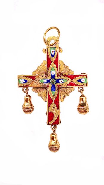 null PENDANT in the shape of a cross presenting Christ crucified in a red, blue,...