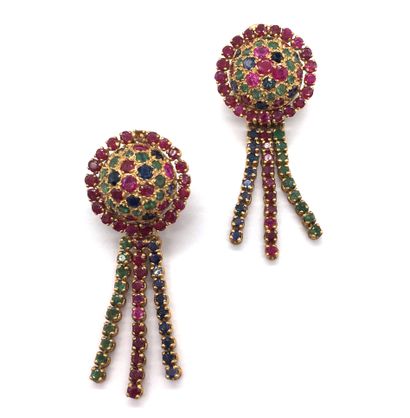 null PAIR OF EARRINGS featuring a sphere decorated with sapphires, emeralds and rubies...