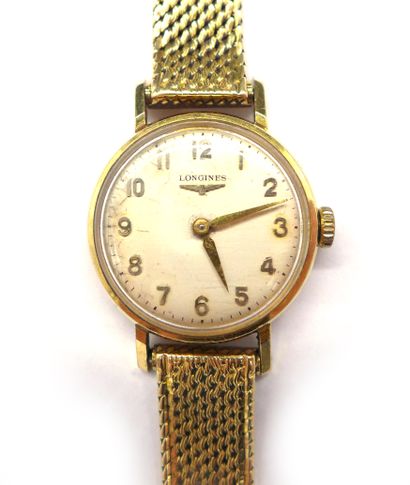  WATCH in 18K yellow gold, curved acrylic glass, round case, cream dial, baton hour-markers,...