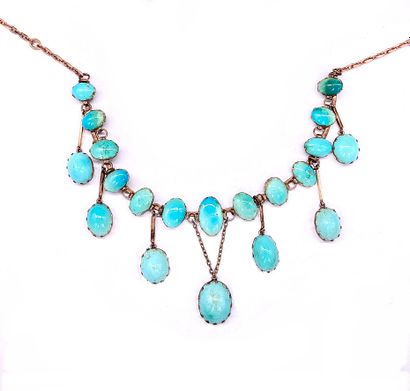  NECKLACE XIXth century in 925 silver (metal chain) holding 20 turquoise cabochon....