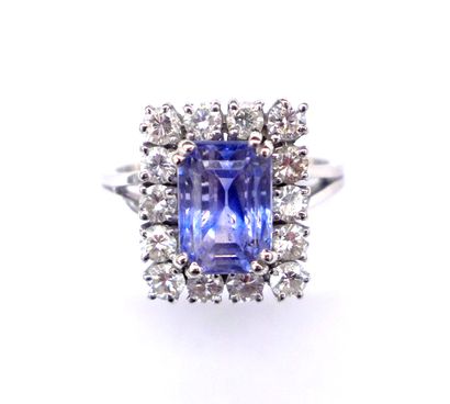 null RING in 18K white gold adorned with a sapphire in an entourage of fourteen brilliant-cut...