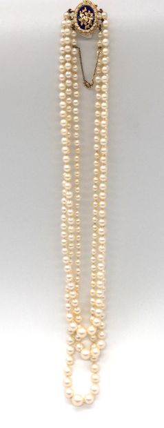 COLLIER trois rangs de perles blanches (non testées) en chute. Fermoir en or jaune...